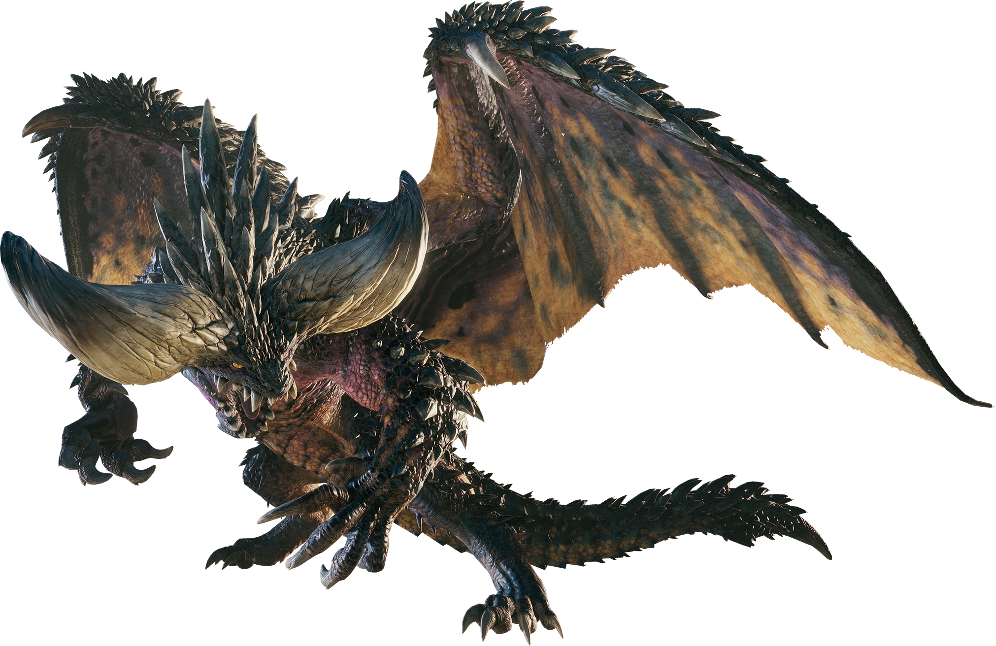 A png image of Nergigante from Monster Hunter World. It's a black dragon full of spikes like a porcupine, big horns and wings.